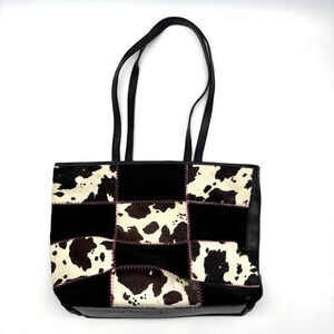Vintage 00s Y2K Harold Powell Black Leather Patchwork Cowhide Tote Bag 14x10.5"